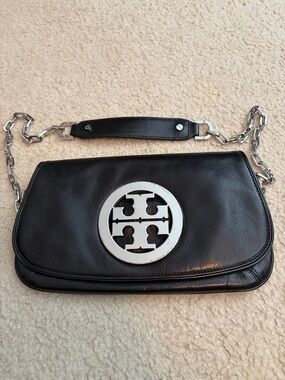 Tory Burch Black Leather Clutch Purse with Removable Chain Strap